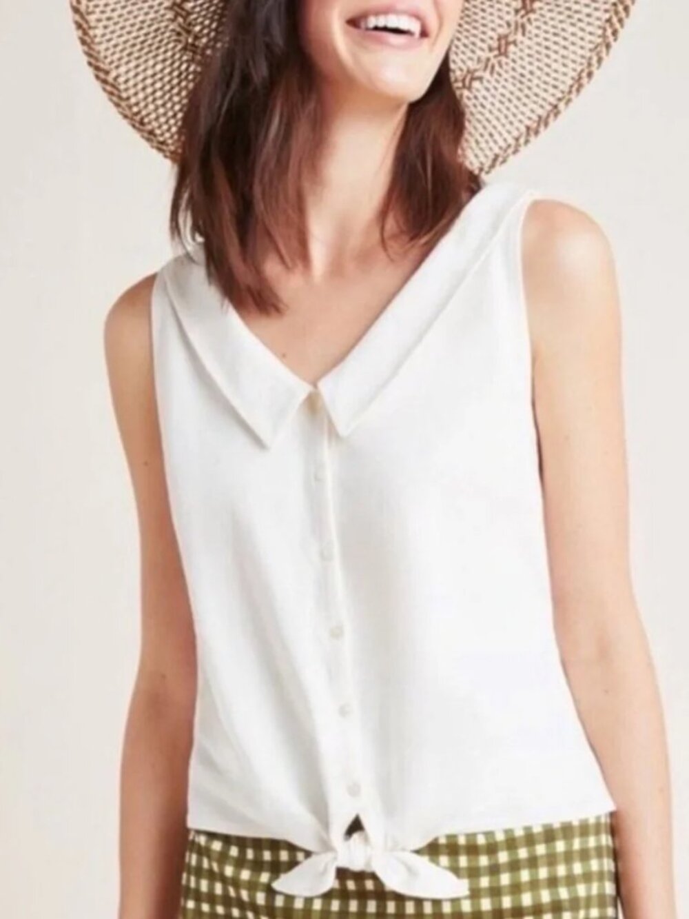 ANTHROPOLOGIE Cream Sleeveless Collared Tie Front Top, 100% Cotton, Medium